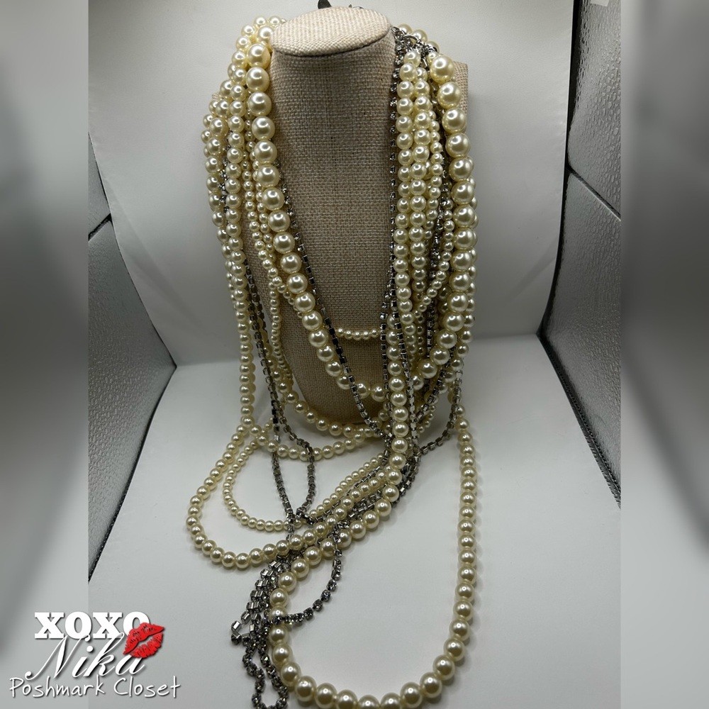 White House Black Market (9) strand pearl and crystals cascading necklace NWT